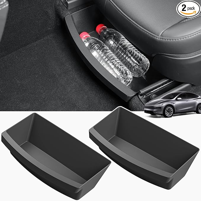 Under Seat Storage Box Compatible with 2025 2026 New Tesla Model Y Juniper Under-Seat Consoles Hidden Compartment Organizer Interior Accessories - TPE, Black (2 Pack)