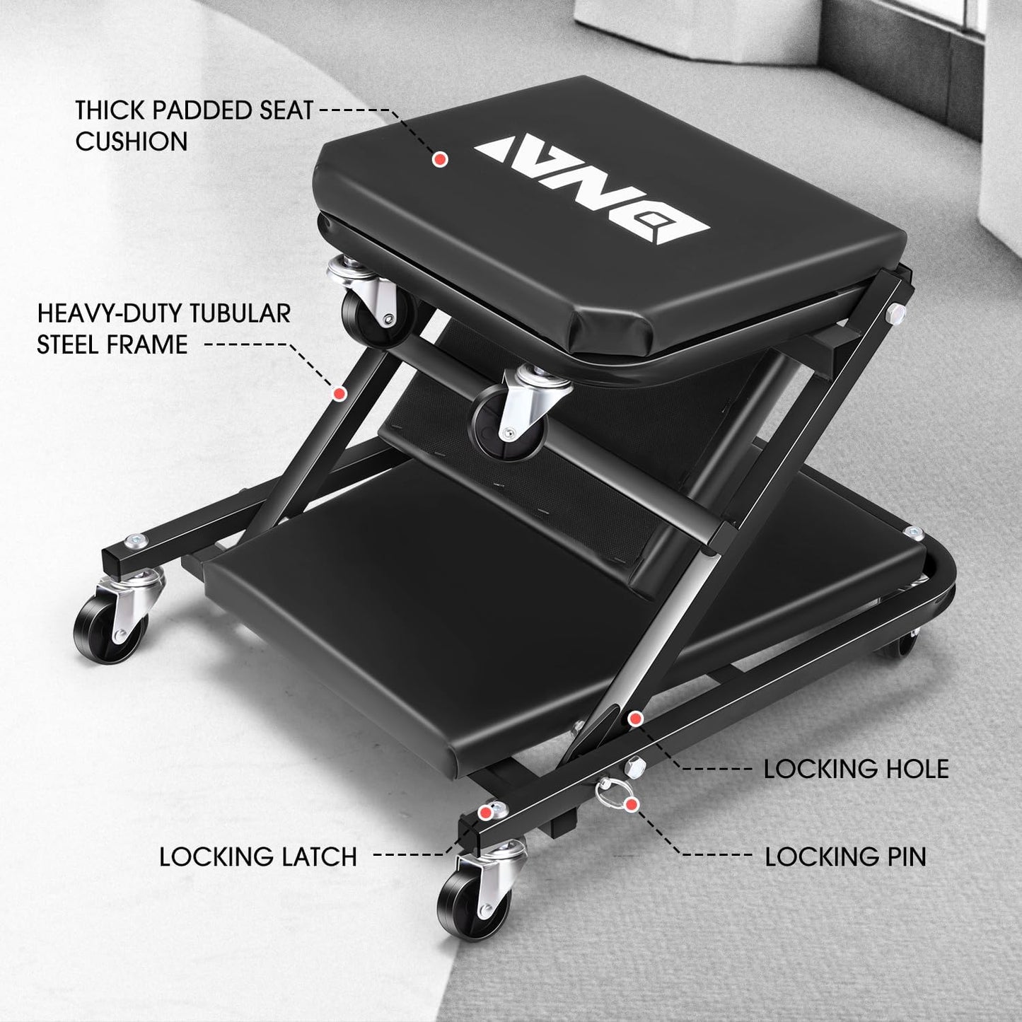 DNA MOTORING 36 Inches Folding 2 in 1 Rolling Z Creeper, Adjustable Roller Garage Chair Lay Down or Sit, 6 Pcs Casters, 330 LBS / 150kg Weight Capacity, Black, TOOLS-00493