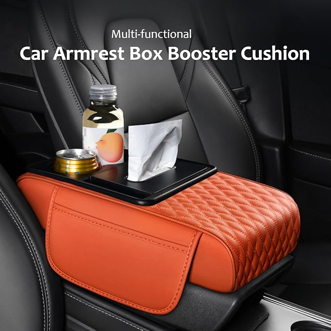 Car Center Console Armrest Pad, Arm Rest Box Cushion with Ergonomic Height Boost, Storage Pockets, Built-in Tissue Box, Cupholder, Fit for Most Sedan Vehicles (Embroidery Water Ripple, Orange)