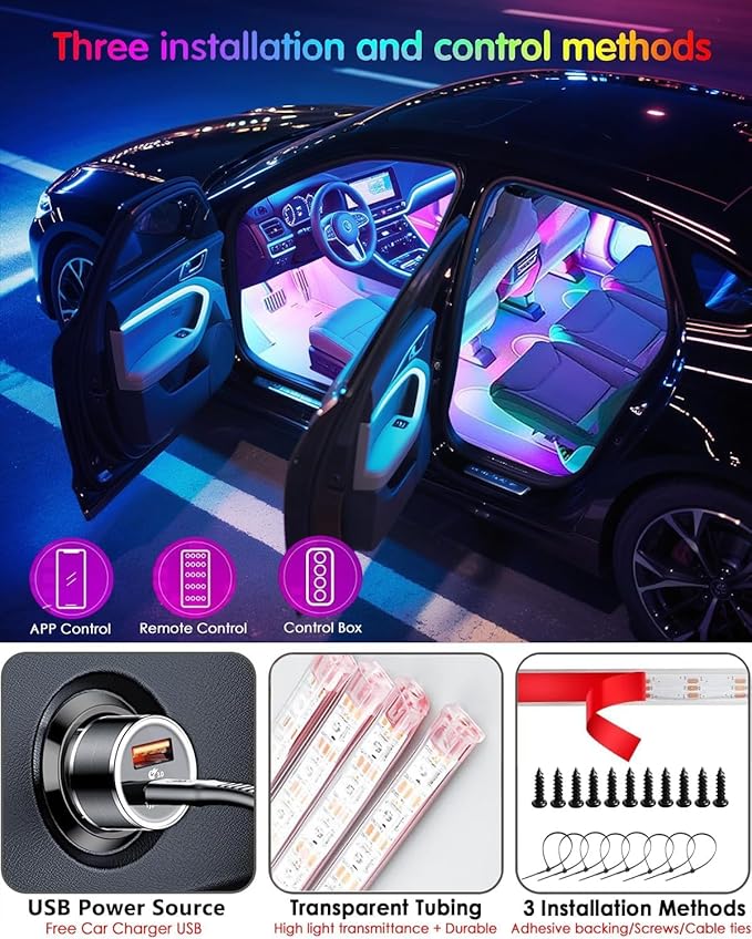 RGB Interior Car LED Strip Lights,72 LED Interior Lights with Smart APP Remote Control,Multicolor Footwell Under Dash Inside Light Kits Music Sync Mode,for Vehicle Internal Car Ambient Lighting Kits