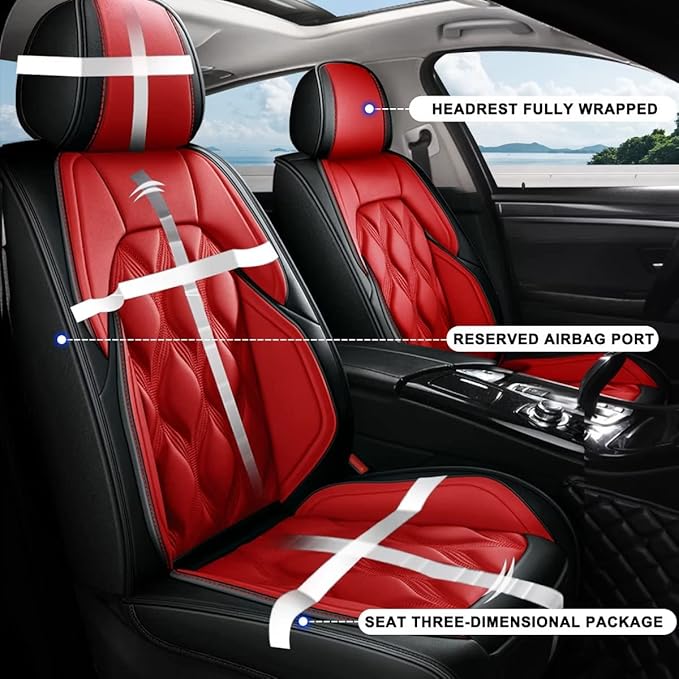 AOMSAZTO Front Seat Covers Fit for Volkswagen Jetta 2008-2026 Waterproof Faux Leather Car Seat Cover Compatible with Airbag(2PCS Front, Black&Red)