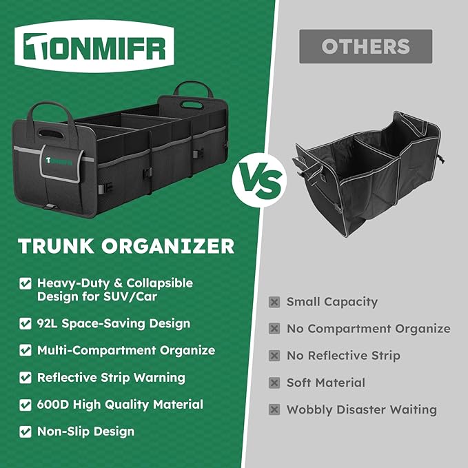 Heavy-Duty Trunk Organizer & Multi-Compartment Storage Box for SUV/Sedan/Minivan,600D Waterproof Oxford,2 Securing Hooks & Reflective Strips-Large Capacity Organiser(92L)