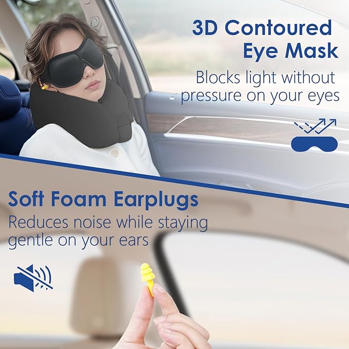 jiaao Travel Pillow Memory Foam Neck Pillow for Airplanes with Adjustable Neck Support, Includes Eye Mask, Earplugs & Storage Bag - Perfect for Flights, Road Trips, and Trains