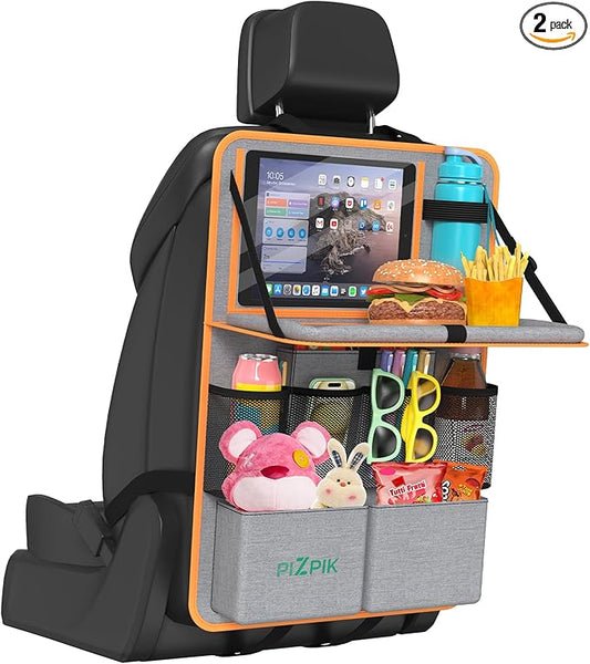 Plzpik Car Backseat Organizer with Tablet Holder,11 Storage Pockets with Foldable Food Tray, Protector Kick Mats for Kids, Travel Accessories Organizer (Orange, 1Pack with Food Tray)