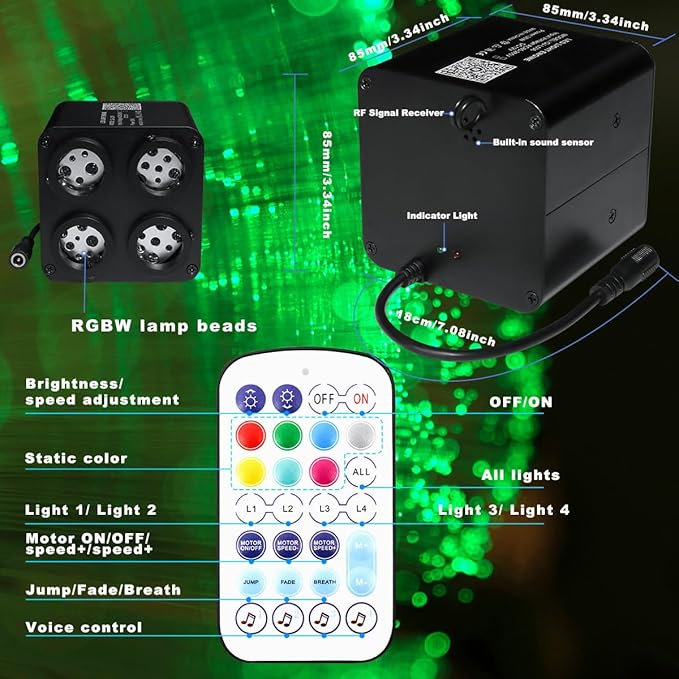 AMKI Updated 4Color Twinkle 36w Starlight Headliner Kits 800pcs 0.03in 13.1ft Fiber Optic Light Cable 4 Ports Starlight Box App/Remote Control Sound Mode for Car Home Ceiling Decoration