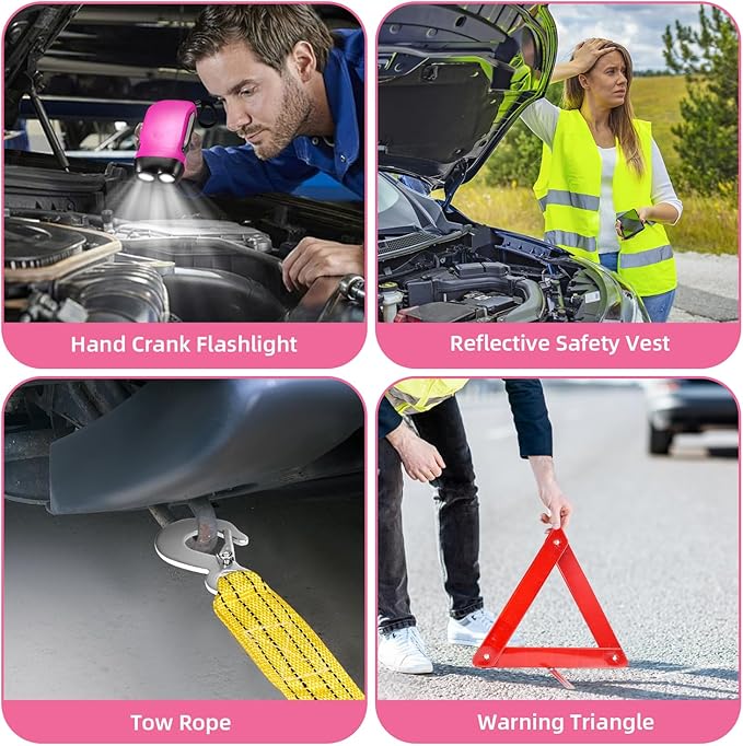Roadside Emergency Car Kit for Vehicles, Pink Car First Aid Kit Emergency Kit with Jumper Cables, Car Safety Kits, Tow Strap, Tool Kit, Road Trip Assistance for Men, Women, New Driver Gifts