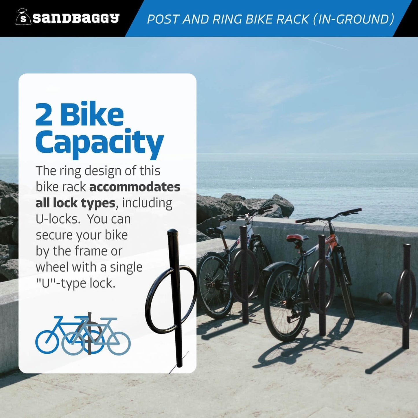 Sandbaggy Post and Ring Rack - In Ground - Commercial Outdoor Bike Parking & Storage Racks (Black, 1)