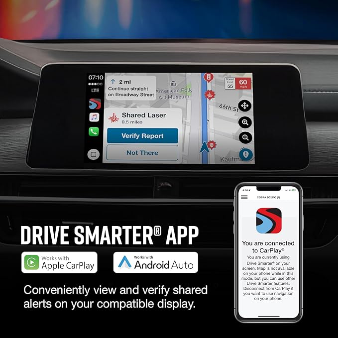 Cobra Smart Dual View Front and Rear Dash Cam (SC 250R) – True 4K Resolution, 360 Alerts, Parking Live View, Incident Reports, Emergency MayDay, 32 GB SD Card Included, CarPlay & Android Auto