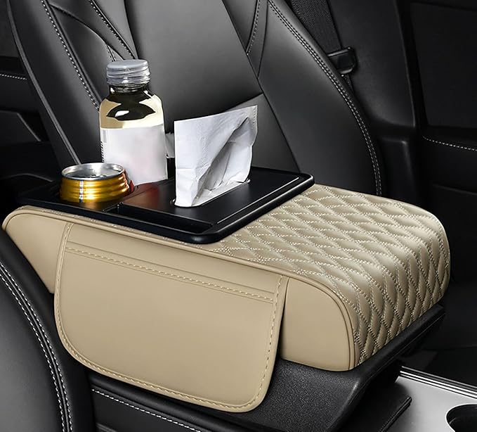 Car Armrest Center Console Cover for Audi Q3 2015–2025, Center Console Pad with Cup Holder, Multifunctional Armrest Cushion,E Beige