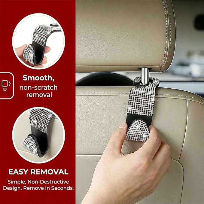 4PCS Bling Car Seat Headrest Hooks, Crystal Rhinestone Vehicle Back Seat Hanger Holder, Auto Interior Headrest Hanging Storage Organizer for Purse Handbag Coat, Universal Fit (Black)