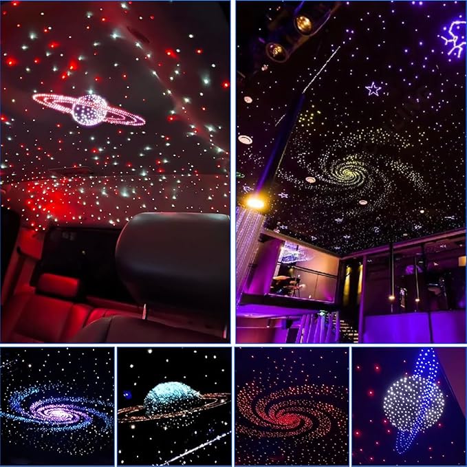 AKEPO 3.2W 6-Hole RGB Headliner Starlight Kit, 6.5ft 240pcs*0.75mm/0.03in APP Control Colorful Color Chasing Sound Activated Fiber Optic Lights