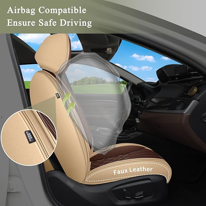 Breathable Car Seat Covers for Subaru Ascent 2019-2024 2025 2026, Front Seats, Perforated Leather, Seat Protector, Interior Trim for Subaru Ascent Accessories (Beige&Brown)