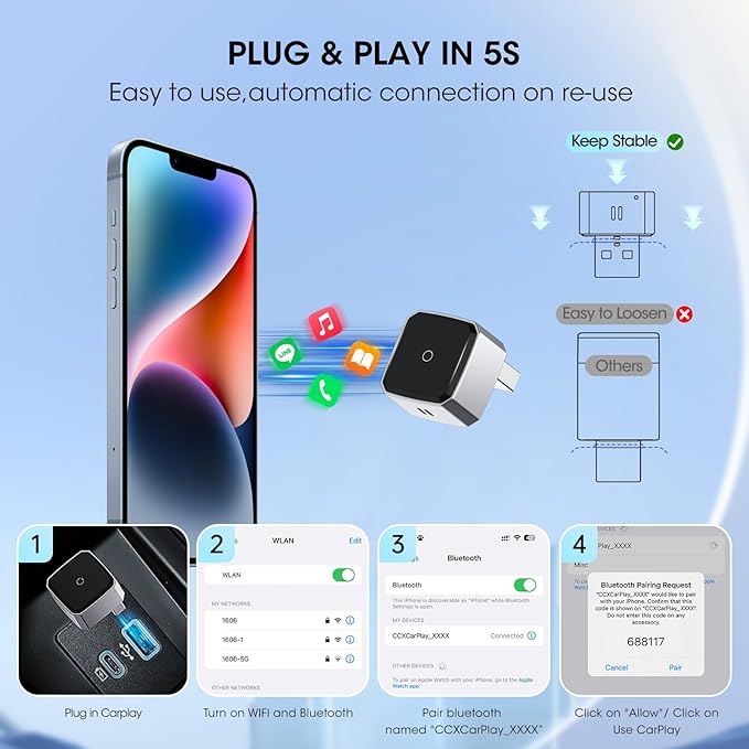 Wireless Carplay Adapter for iPhone, Convert Wired to Apple Carplay Wireless Adapter, Mini Size, Plug and Play, Connection Stable No Delay Car Play for Cadillac Specific Models