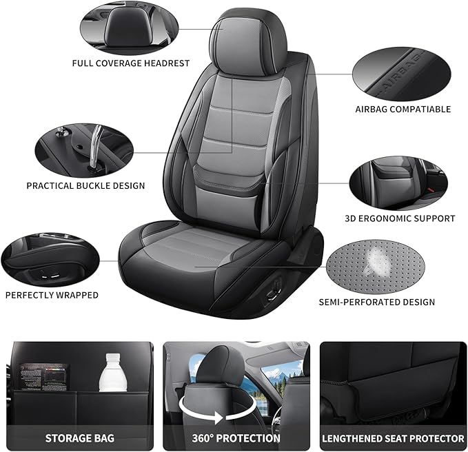 Car Seat Covers Full Set Custom Fit for Chevy Trailblazer 2021-2026 - Premium Faux Leather with Lumbar Support, Breathable, Waterproof, Anti-Slip, Durable, Easy to Install (Black&Gray,Full Set)