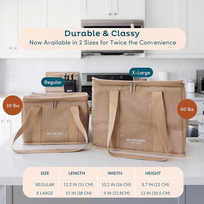 Reusable Insulated Grocery Bag - Canvas, Leak Proof, X Large Cooler Bag, Insulated Shopping Bags for Groceries, Travel Cooler Bag for Frozen and Hot Food with Zippered Top (Caramel)