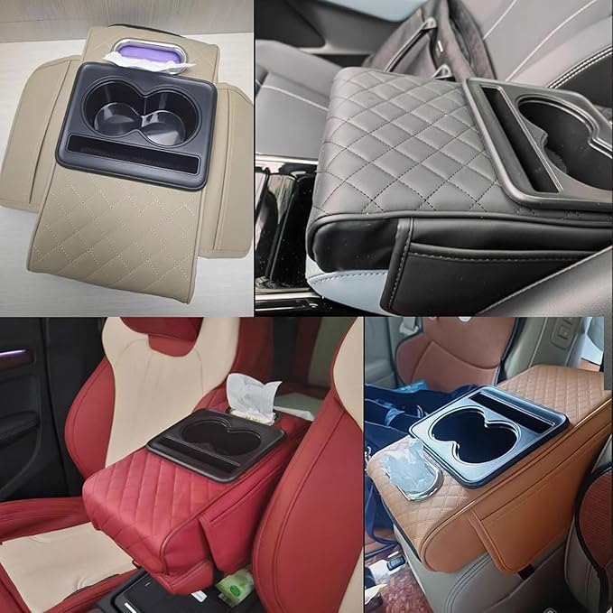 Car Armrest Cushion for Toyota Crown Majesta VI 2009-2015 2016 2017 2018, Car Center Console Cover Armrest Pad with Cup Holder and Tissue Box, Car Accessories,Beige
