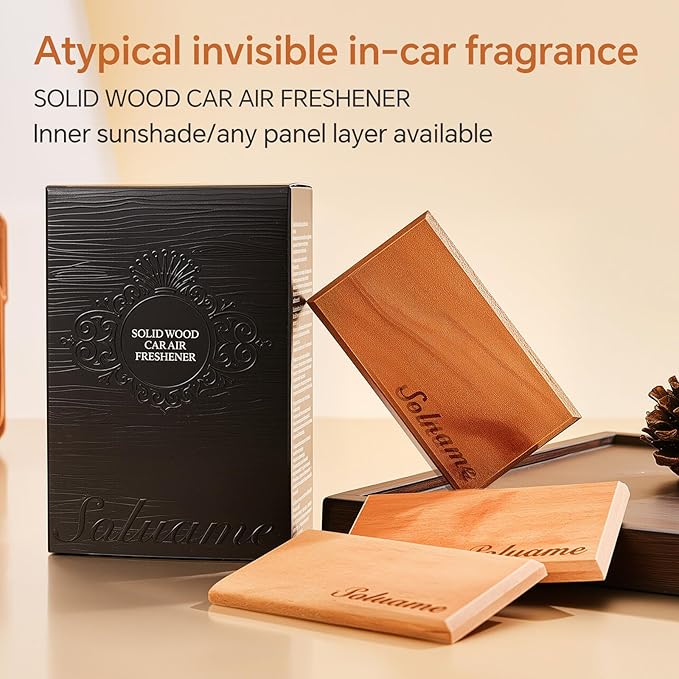 Car Air Freshener, Natural Wood Air Freshener Long Lasting, Car Air Freshener Diffuser with Metal Clip, Magnetic Auto Accessories, Car Odor Eliminator Variety Scent Refill (Teak - Coconut - Amber)