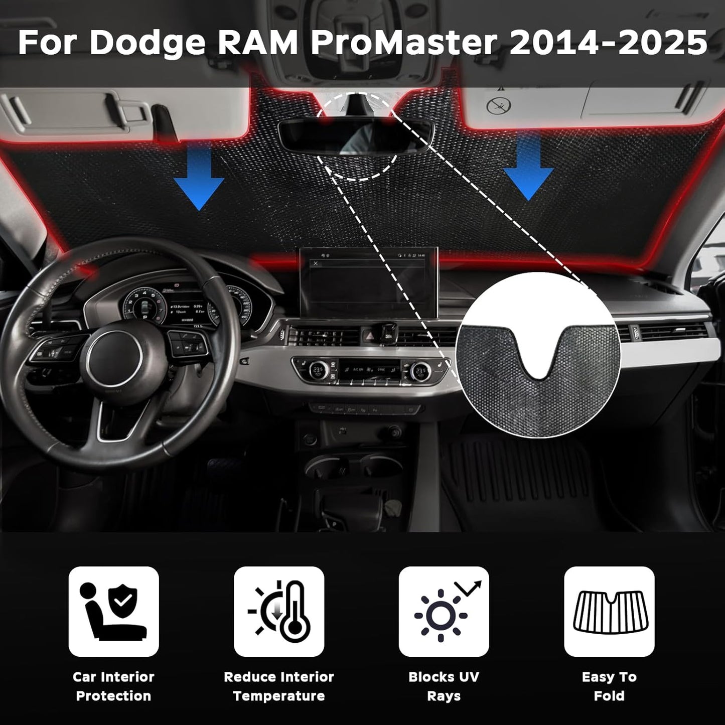 Windshield Sun Shade for 2014-2025 Dodge RAM ProMaster Full Size Cargo Van Chassis Cab Cutaway - 5-Layer Bubble Foldable Front Window Shade Sun Visor Accessories - Blocks Heat & UV Rays