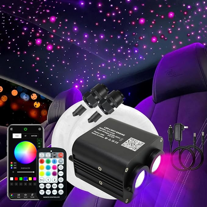 AKEPO 20W Twinkle Dual-Head Dual Color Fiber Optic Lights, Fiber Optic Star Ceiling Light Kit Sound Activated APP Remote Control for Car Starlights Headliner/Home 1000pcs 13.1ft/4m Fiber Strands