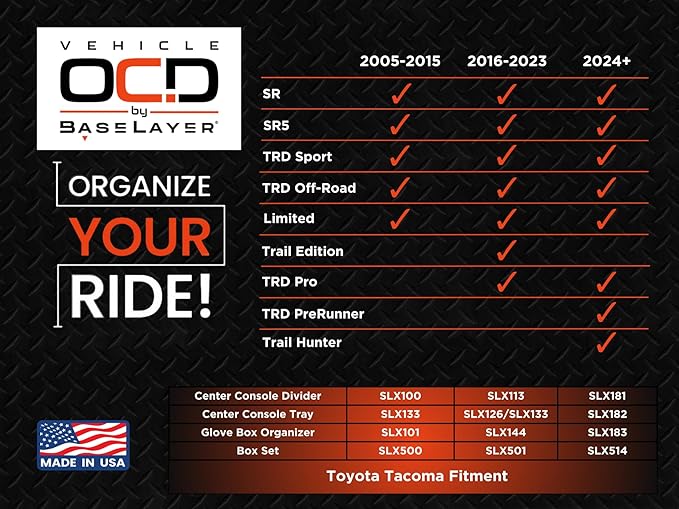Vehicle OCD - Glove Box Organizer for Toyota Tacoma (2005-2015) - Made in USA - SLX101