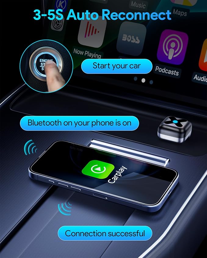 Ultra Mini Android Auto & Carplay Wireless Adapter UK, Latest A9 Chip 5.8GHZ WiFi, 5.4 Bluetooth, 3-5s Auto Connect, USB-C/USB-A/Extension Cable, Compatible with iOS10+, Android 10+, CE/ROHS/FCC