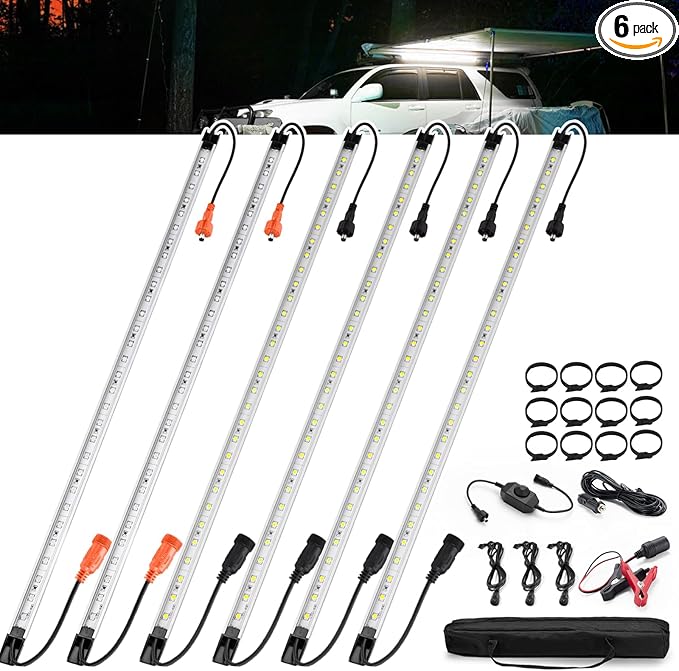 FIERYRED 12V Interior Light Bar Kit, Dimmable Camping Lights, Weatherproof IP67, Aluminum Magnetic Mounting, Portable Lighting for Camping Tent Awning RV Car Trailer Boat (4Pcs White+ 2Pcs Amber)