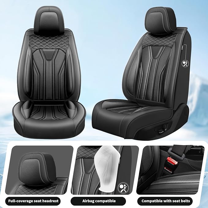 Fit Sentra Car Seat Covers Compatible with Nissan Sentra 2001-2025 2026 - Premium Leather， Waterproof Breathable， All-Weather Seat Cushion Protecto&Airbag Compatible (2 Front Seat All Black)