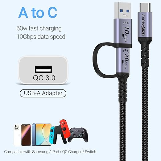 20Gbps Android Auto USB C Cable 2-in-1 [1ft, 2Pack] 240W Max USB 3.1 Gen 2 Fast Charge & Data Transfer USB C CarPlay Cable, Compatible with iPhone 16 15 Pro Max, Galaxy S23, Pixel 9 Pro XL