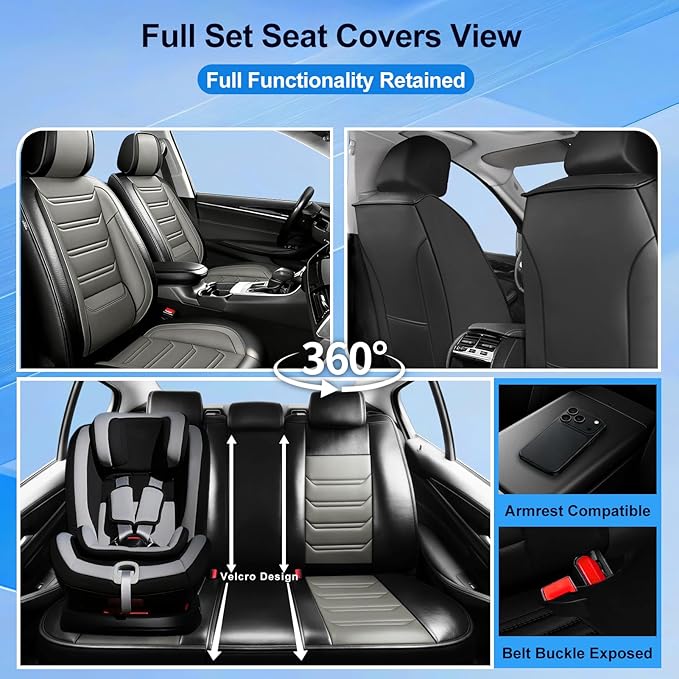 Fit Mazda 3 Car Seat Covers for Select Mazda 3 2010-2019 - Full Coverage Leather, Airbag Compatible, Waterproof & All Weather Seat Cushion Protector, Front Pair Black+Gray