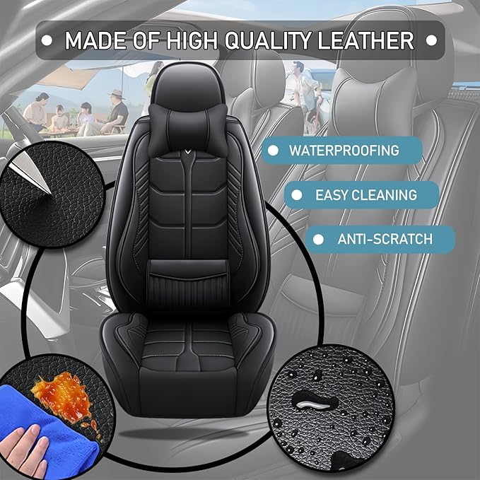 Leather Car Seat Covers Fit for Toyota Prius 2004-2024, 5 Seater Car Seat Cover, Premium Waterproof, Scratch Resistant Car Interior Accessories (Full Set with Pillow Black)