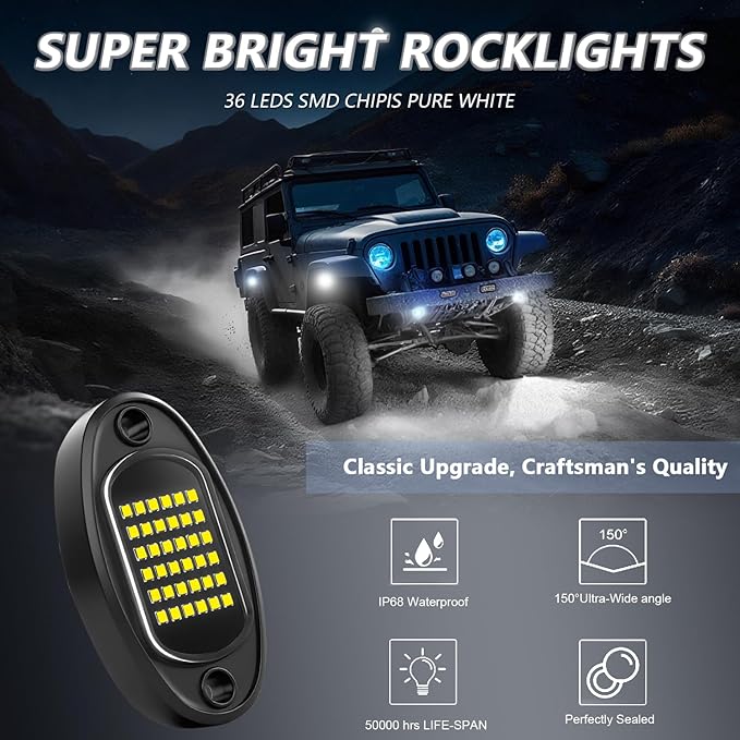 GSRECY Rock Lights Ultra Bright LED Neon Underglow Lights Waterproof for Trucks Pickup SUV UTV ATV RZR Car Boats Motorcycle (White, 16 Pods+ 33ft Wire Harness)