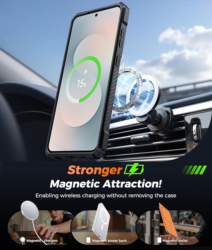 FNTCASE for Samsung Galaxy S25-FE Case: with [Magnetic Ring Kickstand] [Screen Protector] [Compatible with MagSafe] [Military-Grade Drop Protection] Heavy Duty Full Body Cover Translucent Black