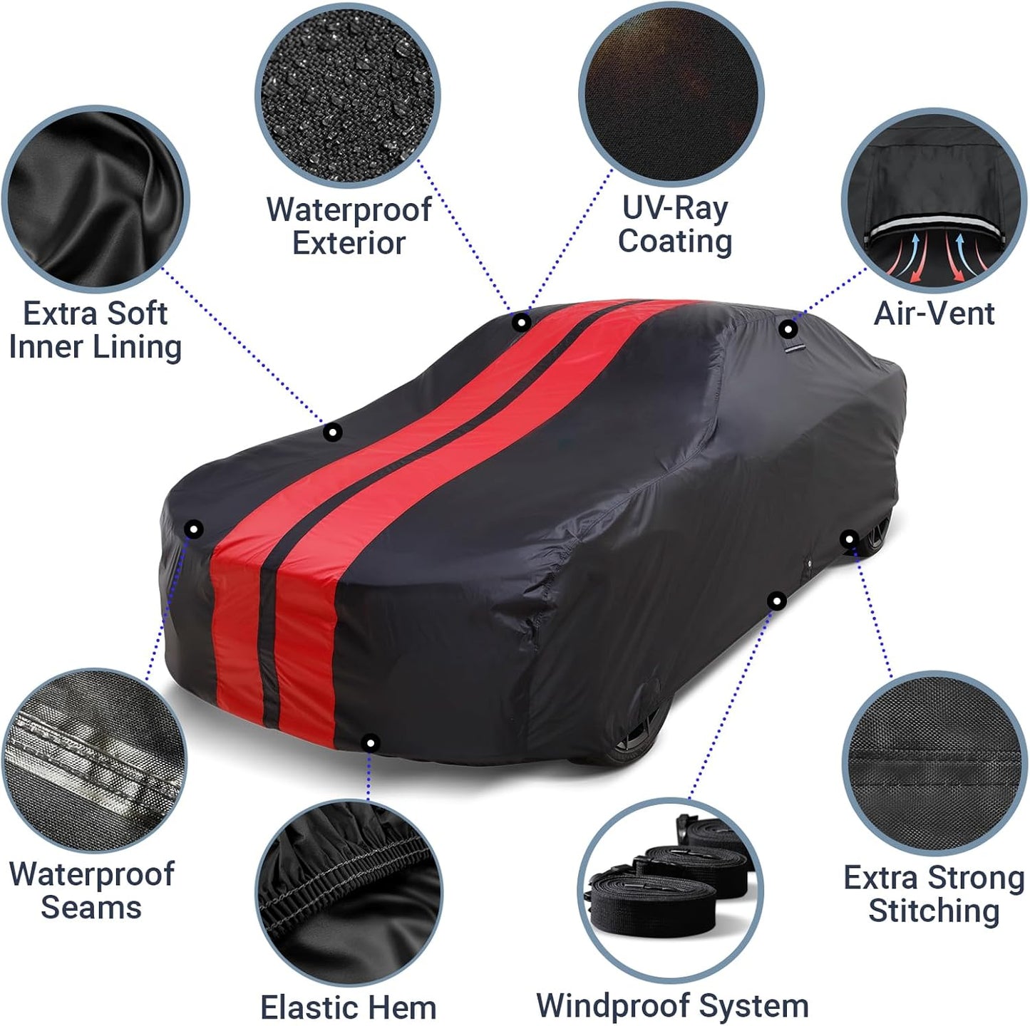 iCarCover Custom Car Cover for 1997-2019 Chevy Corvette C5, C6, C7 Waterproof All Weather Rain Snow UV Sun Protector Full Exterior Indoor Outdoor Car Cover (Stripe - Black/Red)