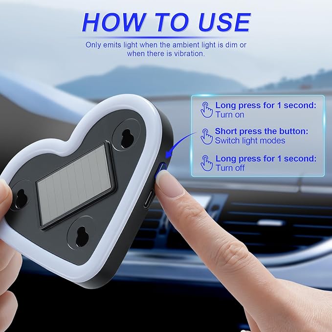 iFunyLED Car LED Interior Lights, Heart-Shaped Ambient Light for Windows, 5 Lighting Modes, Charging Through Type-c and Solar Energy, Car Decorations for Women Men, Pack of 1, (Blue)