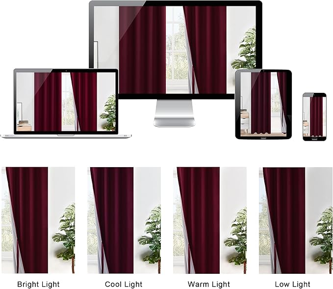 XWZO 100% Blackout Window Curtains- Thermal Insulated & Noise Reduction Black Liner Ring Top Window Treatment Sewn with Tiebacks for Bedroom/Living Room, Burgundy, W38 x L45, Set of 2