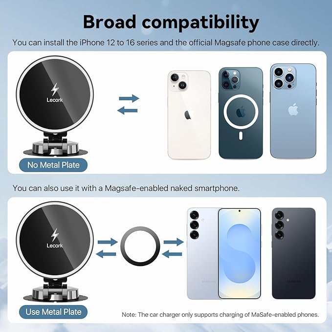 Lecork for Magsafe Car Mount Charger, 15W Magnetic Wireles Car Charger for iPhone 17 pro max 14 15 16 Series, Stick On Dashboard Phone Holder for Samsung S26 Ultra, Zinc Alloy Shell, Black