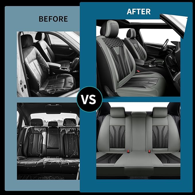 Fit Juke Car Seat Covers Compatible with Nissan Juke 2012-2015 2016 - Full Set Premium Leather， Waterproof Breathable， All-Weather Seat Cushion Protecto&Airbag Compatible （Gray & Black