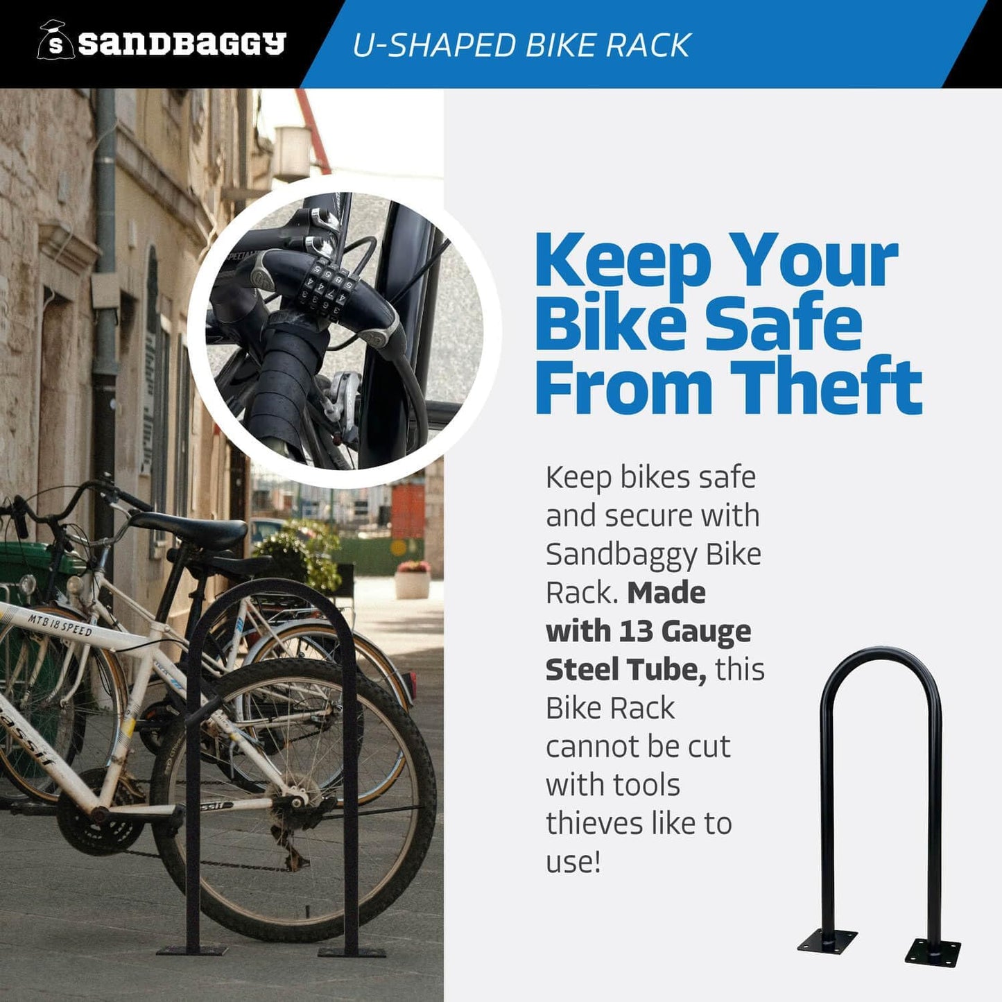 Sandbaggy In Ground Bike Rack | U Shaped, Commercial, Outdoor, 1 Loop, Galvanized Steel | Black, 14.5" x 34" (2)