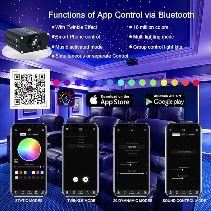 AKEPO 16W Small Size Twinkle Fiber Optic Lights Kit, Mixed 460pcs 9.8ft/3m Optical Fiber APP Music Activated RGBW Car Starlight Headliner/Home