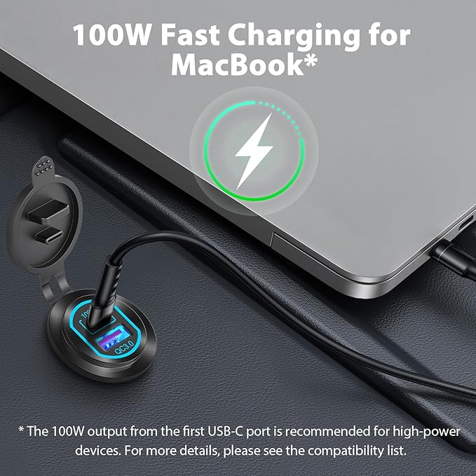 12 Volt USB C Outlet PD 100W Car USB Port for Laptop and QC3.0 18W Car Charger Socket Aluminum Alloy, Fast Charging Cigarette Lighter Replacement DIY Accessary for RV MarineTruck Boat Golf