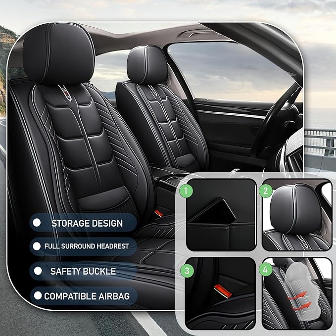 Leather Car Seat Covers Fit for Toyota Echo 2000-2005, 5 Seater Car Seat Cover, Premium Waterproof, Scratch Resistant Car Interior Accessories (Full Set Black)