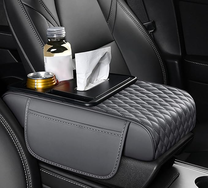 Car Armrest Center Console Cover for Acura MDX 2000–2025, Center Console Pad with Cup Holder, Multifunctional Armrest Cushion,D Grey