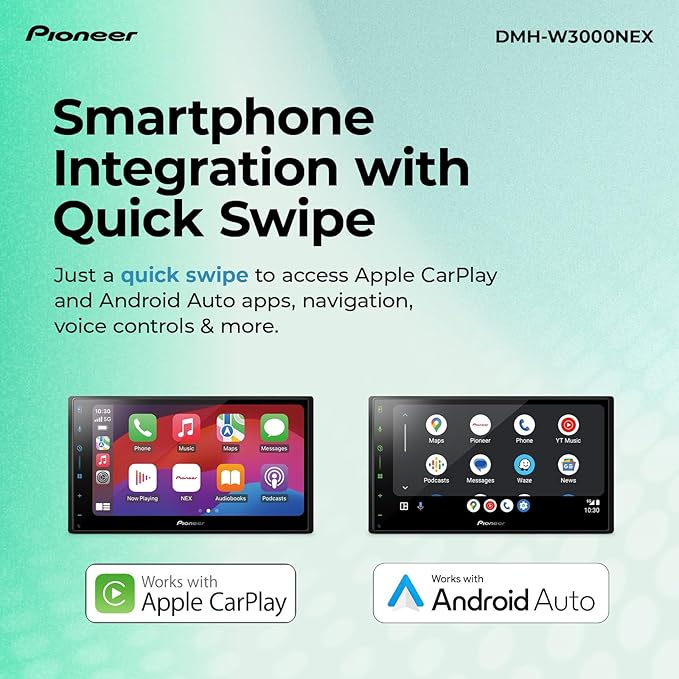 Pioneer DMH-W3000NEX 6.8" Double Din Multimedia Digital Media Receiver, Wireless Apple CarPlay and Android Auto, Bluetooth, Backup Camera Compatible, Touchscreen, One Touch Navigation
