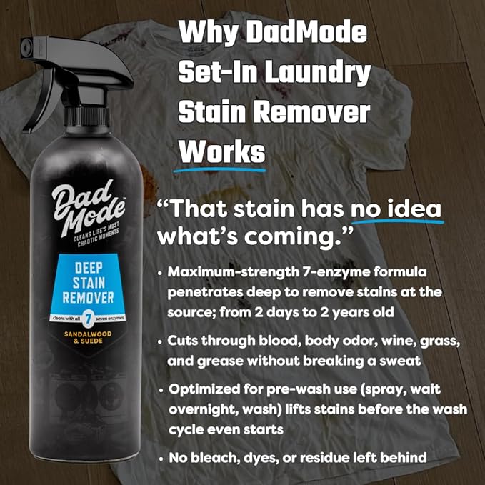 DadMode 7-Enzyme Deep Stain Remover – Heavy Duty Laundry Odor Eliminator for Extreme Clothing Messes Powered by Nuclease (DNAse) - 16oz Refillable Bottle