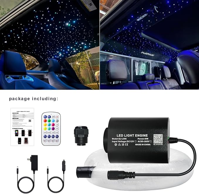 AZIMOM Mini 6W 300pcs Twinkle Fiber Optic Starlight Headliner Kit for Car Home 0.03in 6.5ft End Glow Fiber Strands Sound-Activated APP& Remote Control Starlight Engine