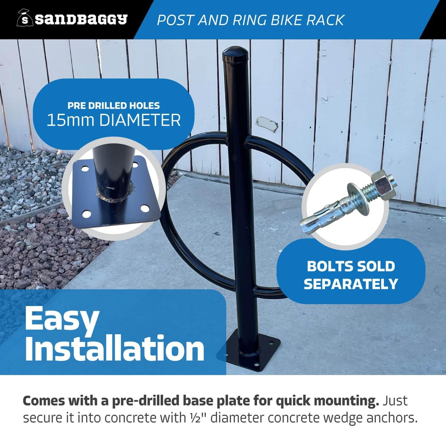 Sandbaggy Post and Ring Bike Rack - Commercial Bike Racks - Galvanized Steel - Anti-Theft Design - In Ground, Apartments, Sidewalks, Industrial (White, 10)