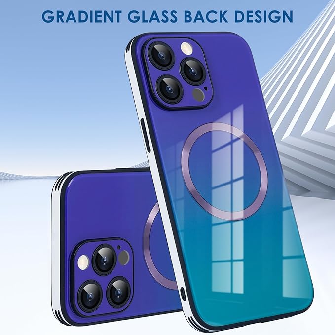 Guppy Compatible with iPhone 14 Pro Max Case Magnetic, with Full Camera Lens Protector [Compatible with MagSafe] Scratch Resistant Gradient Glass Back Cover Phone Case-Purple