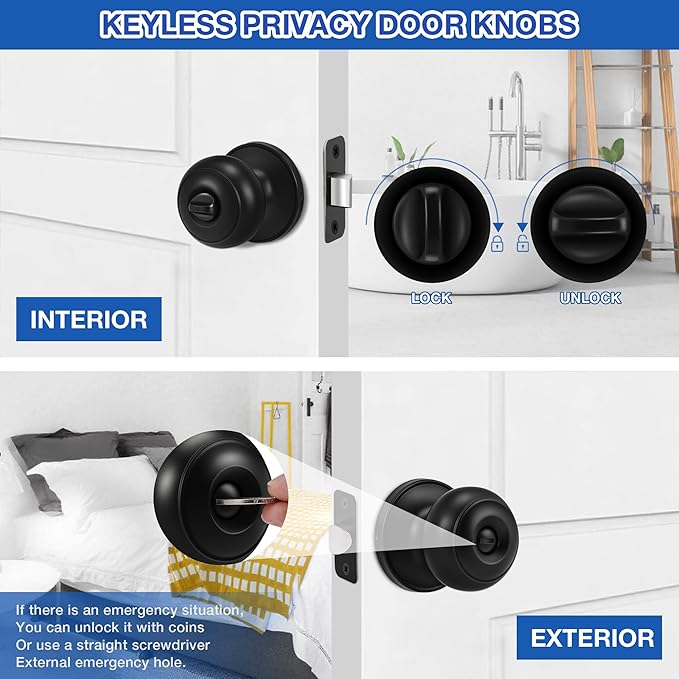 Plustool 6 Pack Matte Black Door Knobs, Privacy Door Knob with Lock, Interior Doorknobs with Round Ball, Keyless Door Lockset for Bedrooms Bathrooms