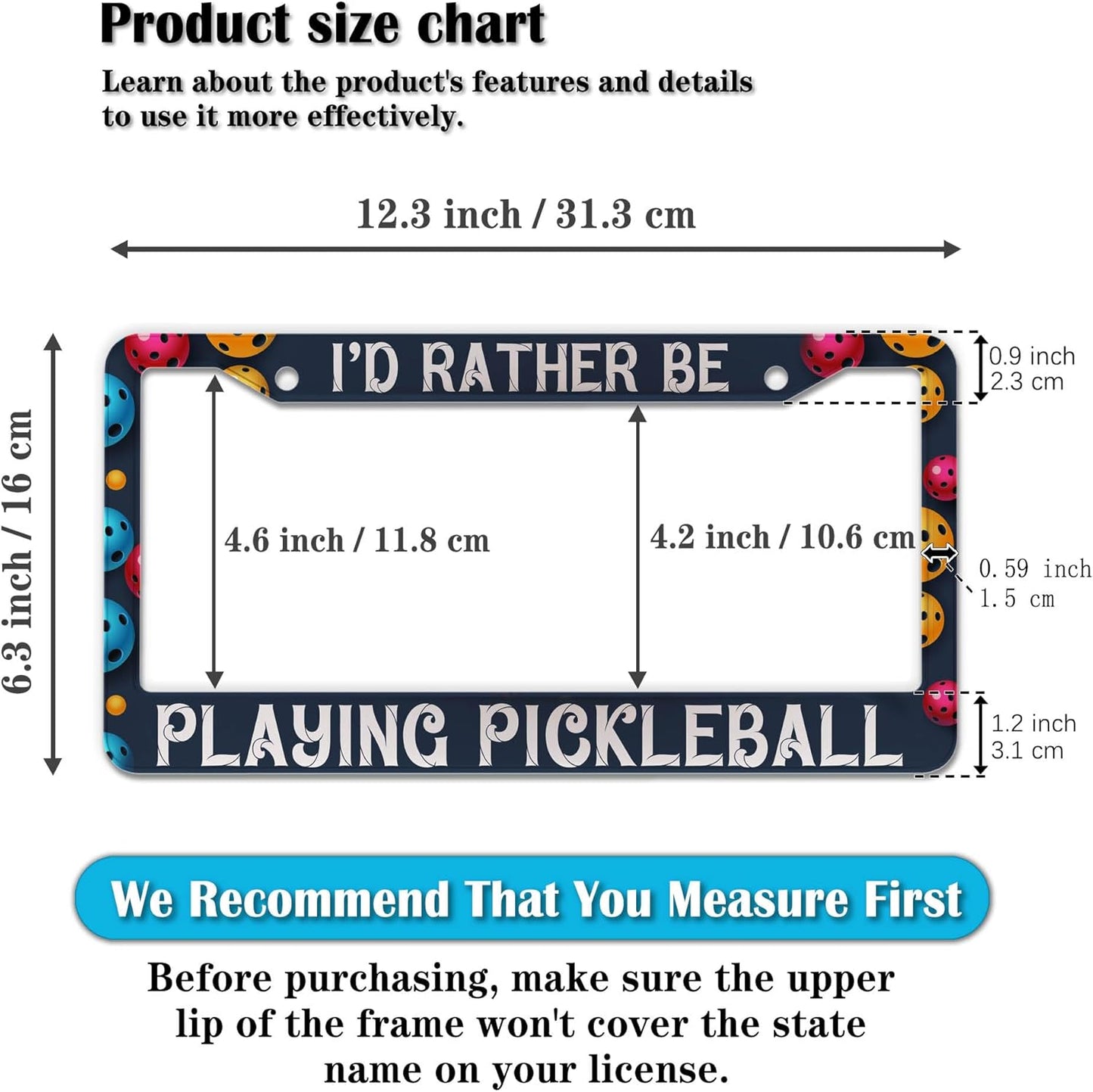 Front License Plate Bracket Multicolor License Plate Frames I'd Rather Be Playing Pickleball Universal Aluminum Car Accessory 2 Pack with Screw Covers Set