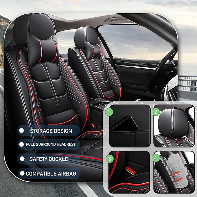 Leather Car Seat Covers Fit for Toyota Matrix 2003-2013, 5 Seater Car Seat Cover, Premium Waterproof, Scratch Resistant Car Interior Accessories (Full Set with Pillow Black Red)